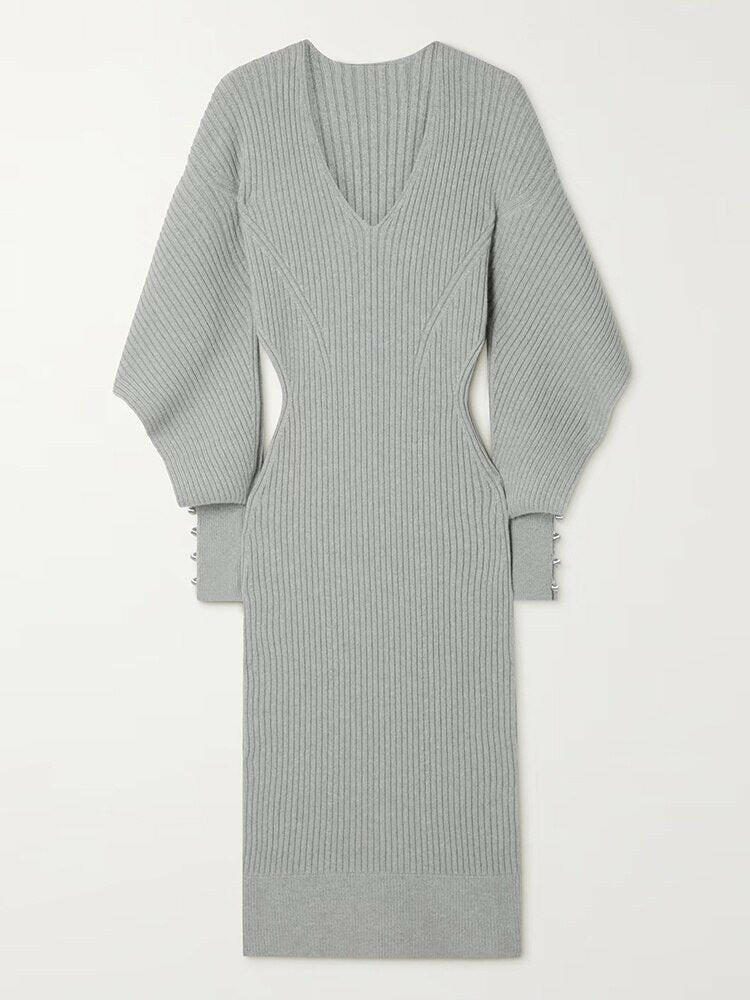 Hollow Out Knitted Dress For Women V Neck Long Sleeve Solid Color.