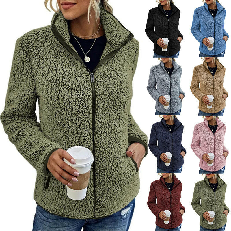 Women's Stand-Up Collar Solid Color Hoodie – Casual Long-Sleeved Zipper Jacket.