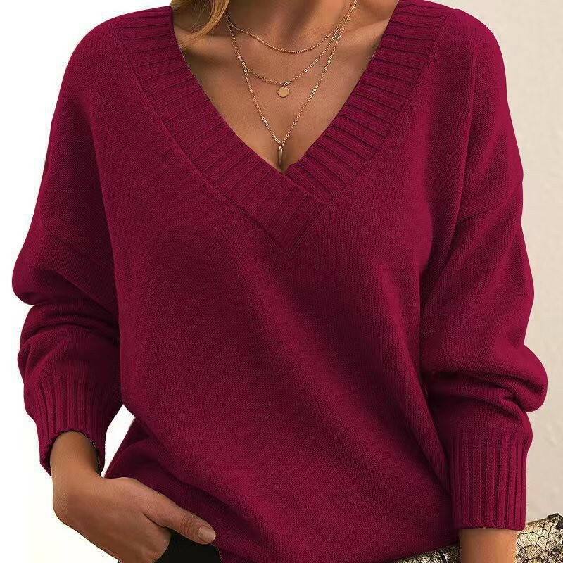 Women's European & American Loose V-Neck Pullover Sweater – Casual & Versatile Knitwear.