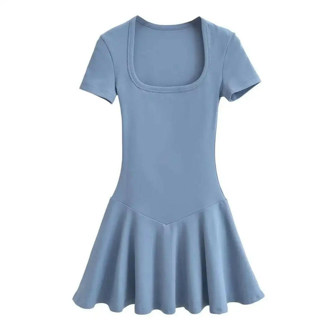 Summer Short Sleeve Square Collar Sports Dress with Shorts - Perfect Blend of Style and Comfort.