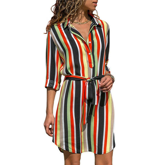 Long Sleeve Shirt Dress Summer Chiffon Boho Beach Dresses Women Casual Striped Print A-line Mini Party Dress Vestidos.