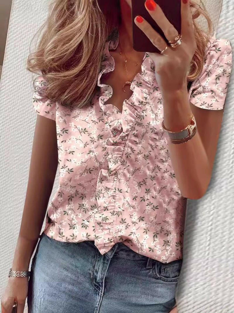 European and American Short-Sleeved Ruffled Shirt for Women.