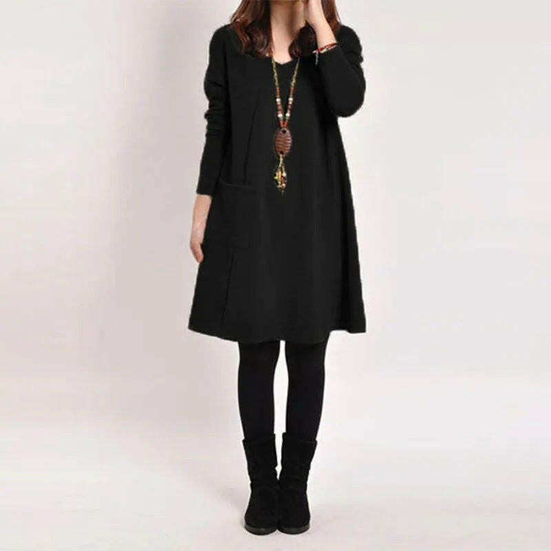 Autumn & Winter Long-Sleeved Pocket Loose Dress for Women.