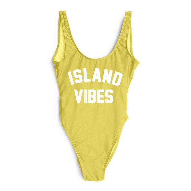 Sexy Swimwear Women ISLAND VIBES Letter Print Swimwear Women High Cut Low Back Bathing Suits.