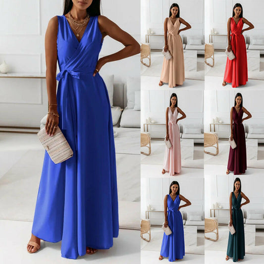 New Women's Solid Color V-Neck Long Dress – Elegant Style.