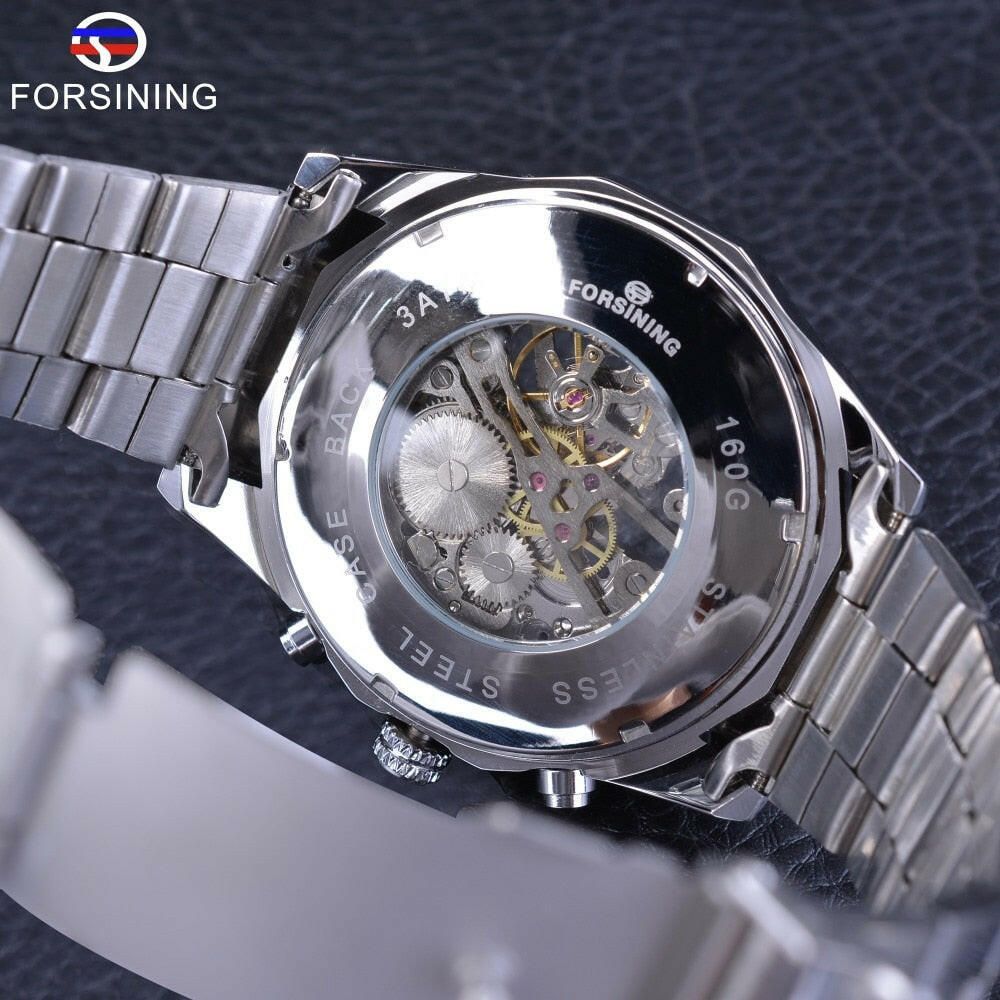 Silver Stainless Steel Waterproof Mens Skeleton Watches Top Brand Luxury Transparent Mechanical Male Wrist Watch.