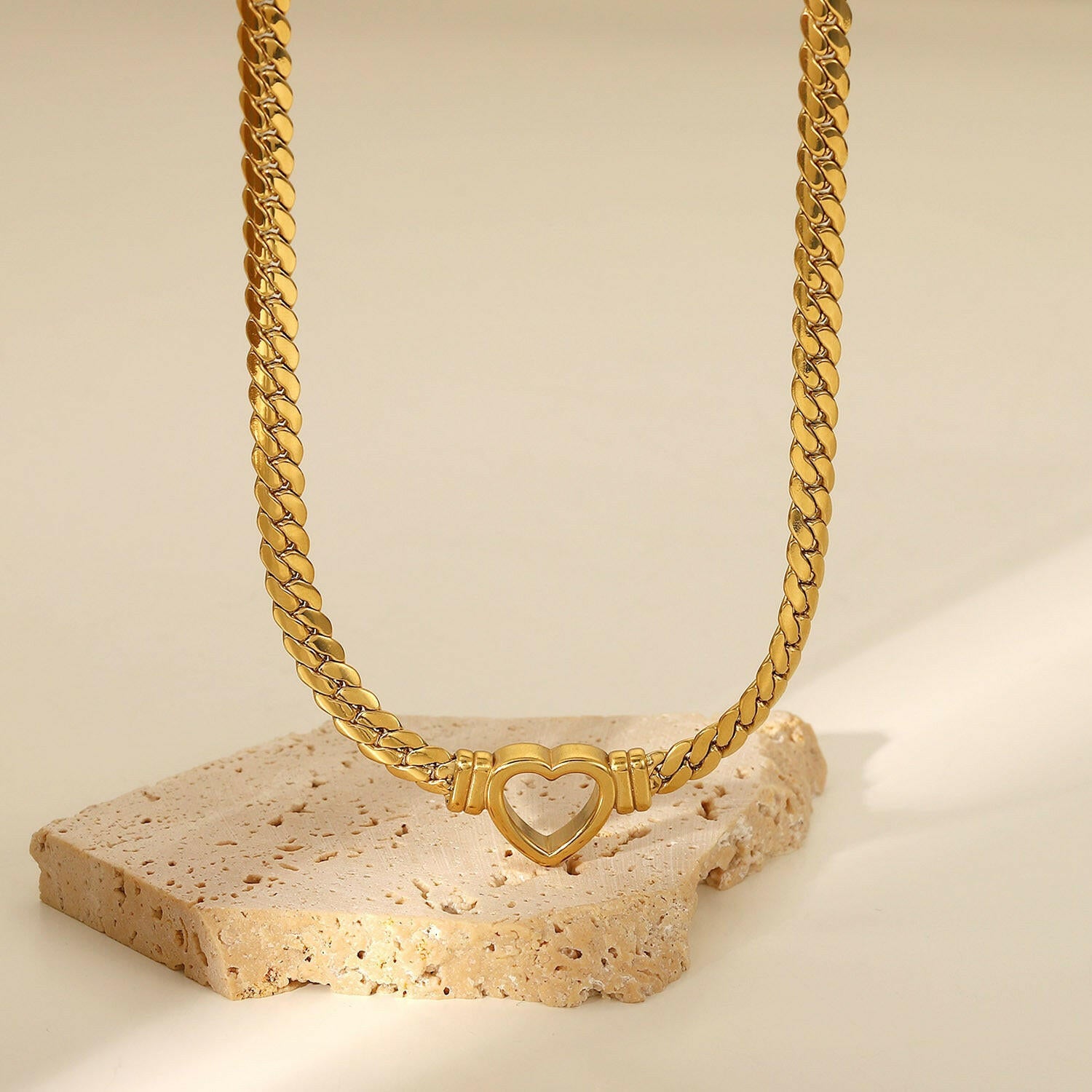 Stainless Steel Cuban Chain Heart Necklace – Hollowed-Out Pendant.