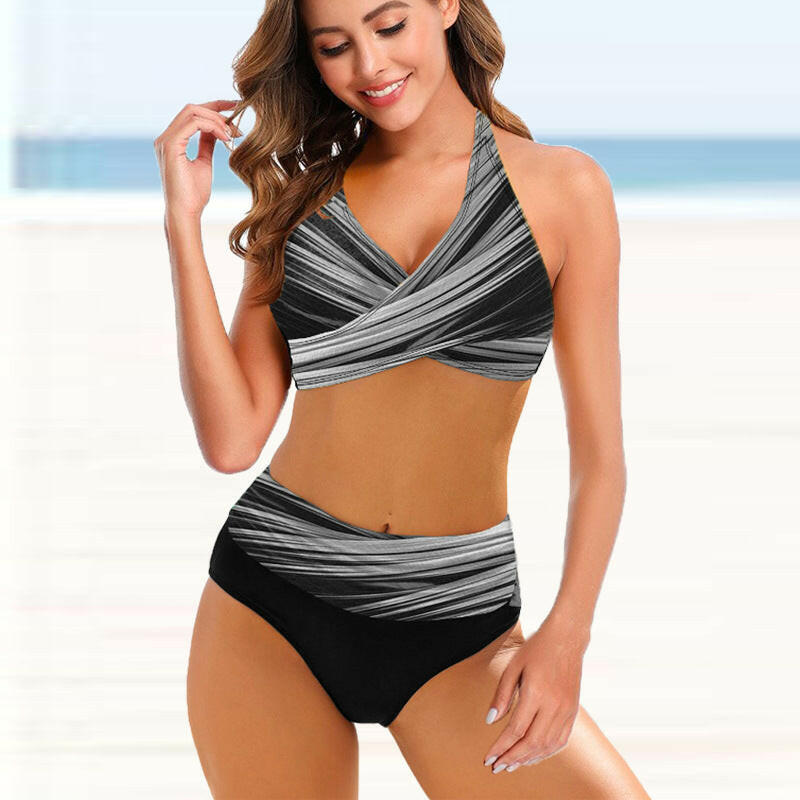 Women's High-Waisted Split Bikini – Striped Tie-Dye, Hollow-Out, Sexy Swimsuit.