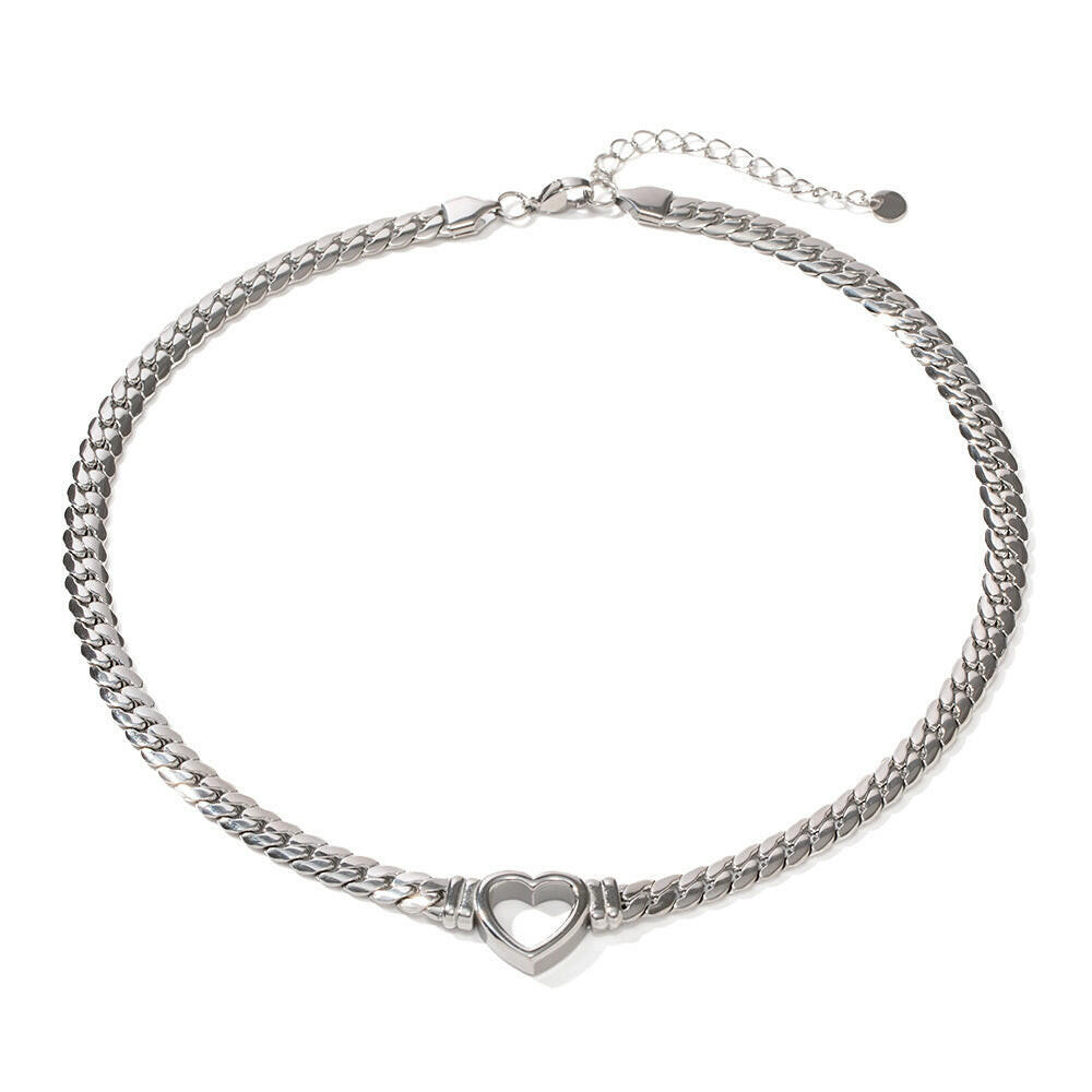 Stainless Steel Cuban Chain Heart Necklace – Hollowed-Out Pendant.