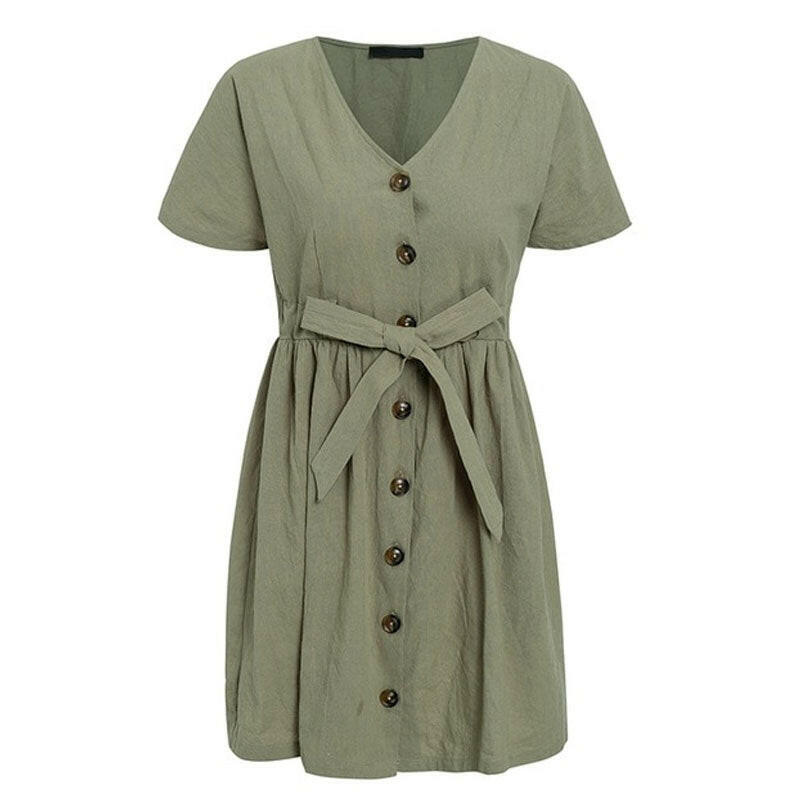 Vintage Button Women Dress Shirt V Neck Short Sleeve Cotton Linen Short Summer Dresses.