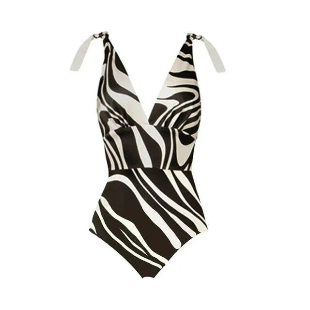 Women's V-Neck Printed One-Piece Swimsuit and Skirt Bikini Set - Summer Outfits.