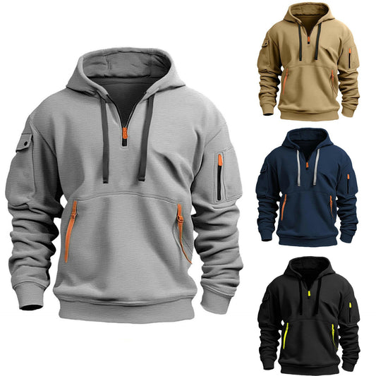 Men's Collar Zipper Hooded Pullover – Multi-Pocket Fashionable Sportswear.