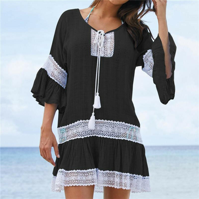 Bamboo Cotton Summer Pareo Beach Cover Up Sexy Swimwear Women Swimsuit Cover Up Kaftan Beach Dress Tunic White Beachwear Q382.