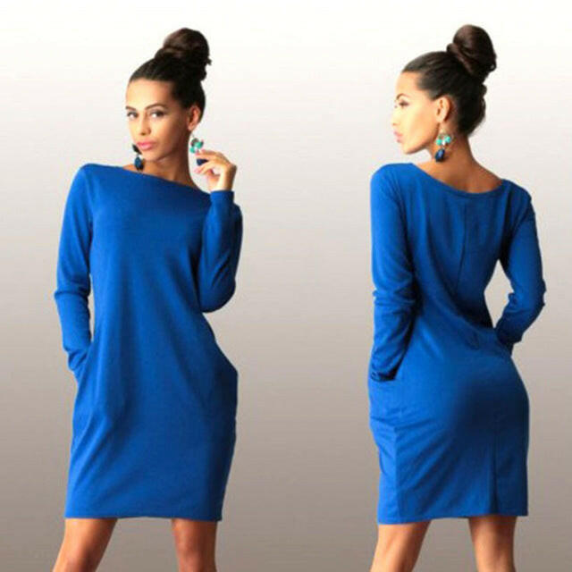 Solid Pockets Casual Loose Autumn Dress Women's O-Neck Long Sleeve Mini Bodycon Dresses vestidos.