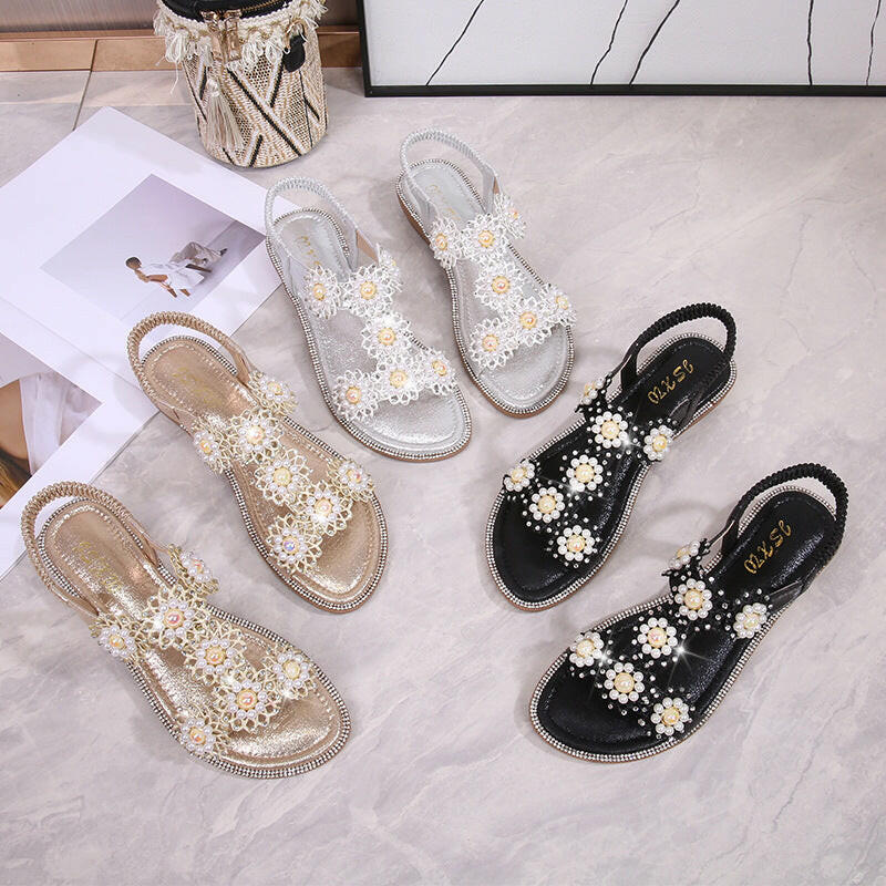 New Casual Ladies Sandals Thong Flower Pearl Decorative Elastic Band Sandals for Women.