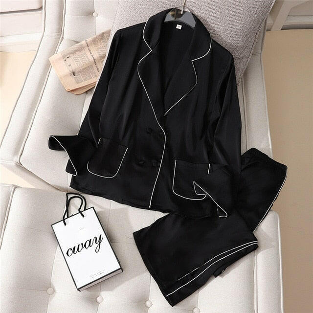 2 Pieces Faux Silk Satin Pajamas Set Autumn Women Sleepwear.