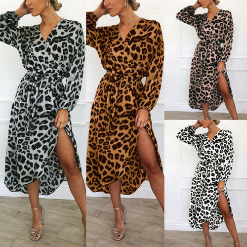 Women Wrap Leopard Printed Boho Long Maxi Dress Casual Bandage Bodycon Long Sleeve V Neck Loose Club Wear Dresses.