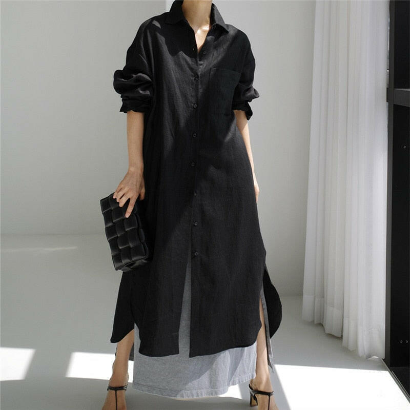 Summer Casual  Long Sleeve Shirt Dress Women Irregular Cardigan Turn-down Collar Elegant Long Dresses.