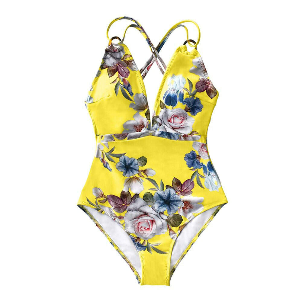 CUPSHE Blue Floral Strappy One-Piece Swimsuit Women Sexy Crisscross Monokini Swimwear Girl Beach Bathing Suits.