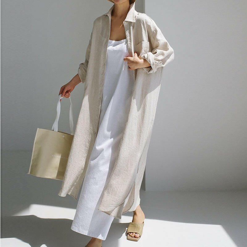 Summer Casual  Long Sleeve Shirt Dress Women Irregular Cardigan Turn-down Collar Elegant Long Dresses.