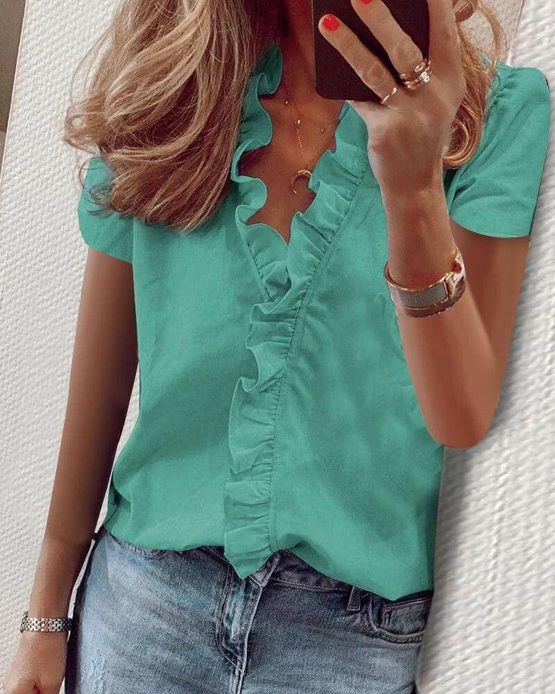 European and American Short-Sleeved Ruffled Shirt for Women.