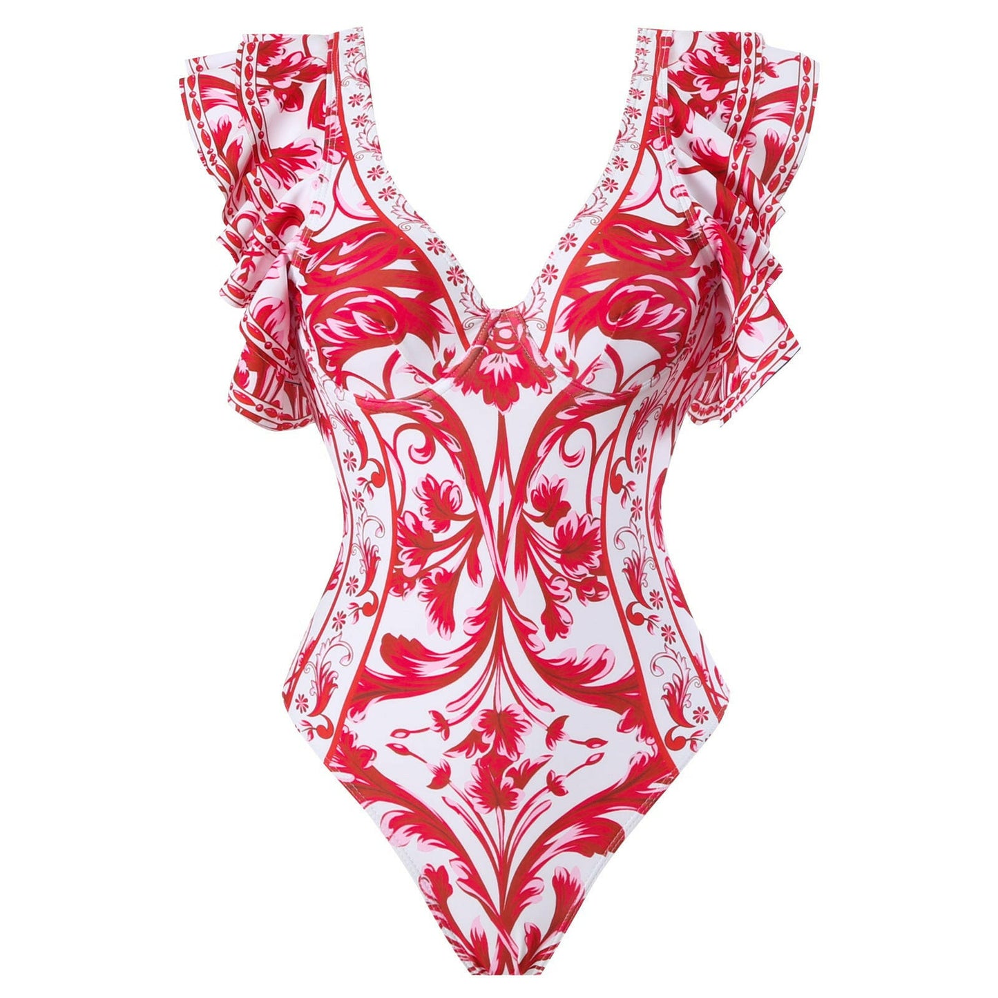 Women's Sexy Red 3D Flower One-Piece Swimsuit and Skirt Bikini Set - Two-Piece Swimwear.