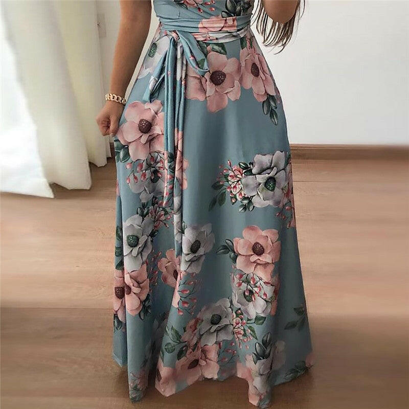 Women Summer Dress  Casual Short Sleeve Long Dress Boho Floral Print Maxi Dress Turtleneck Bandage Elegant Dresses Vestido.