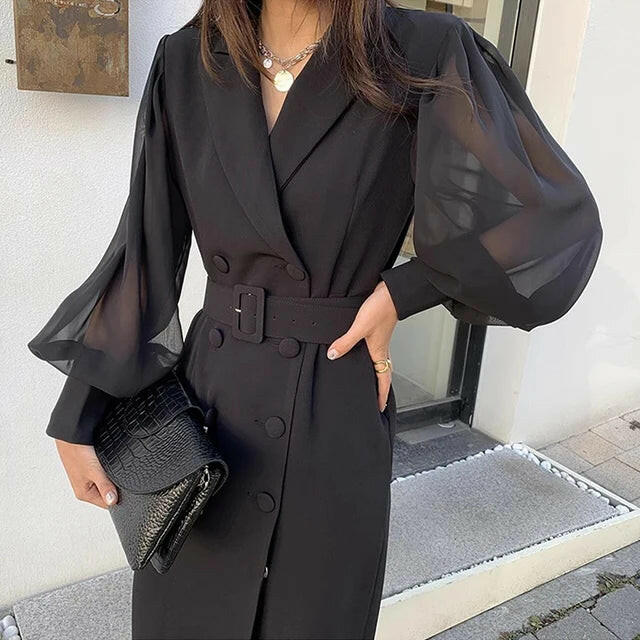 Korean chic Double Breasted Lantern Sleeve Belt Blazer Dress Fashion Elegant Waist Dresses Women Spring Summer.