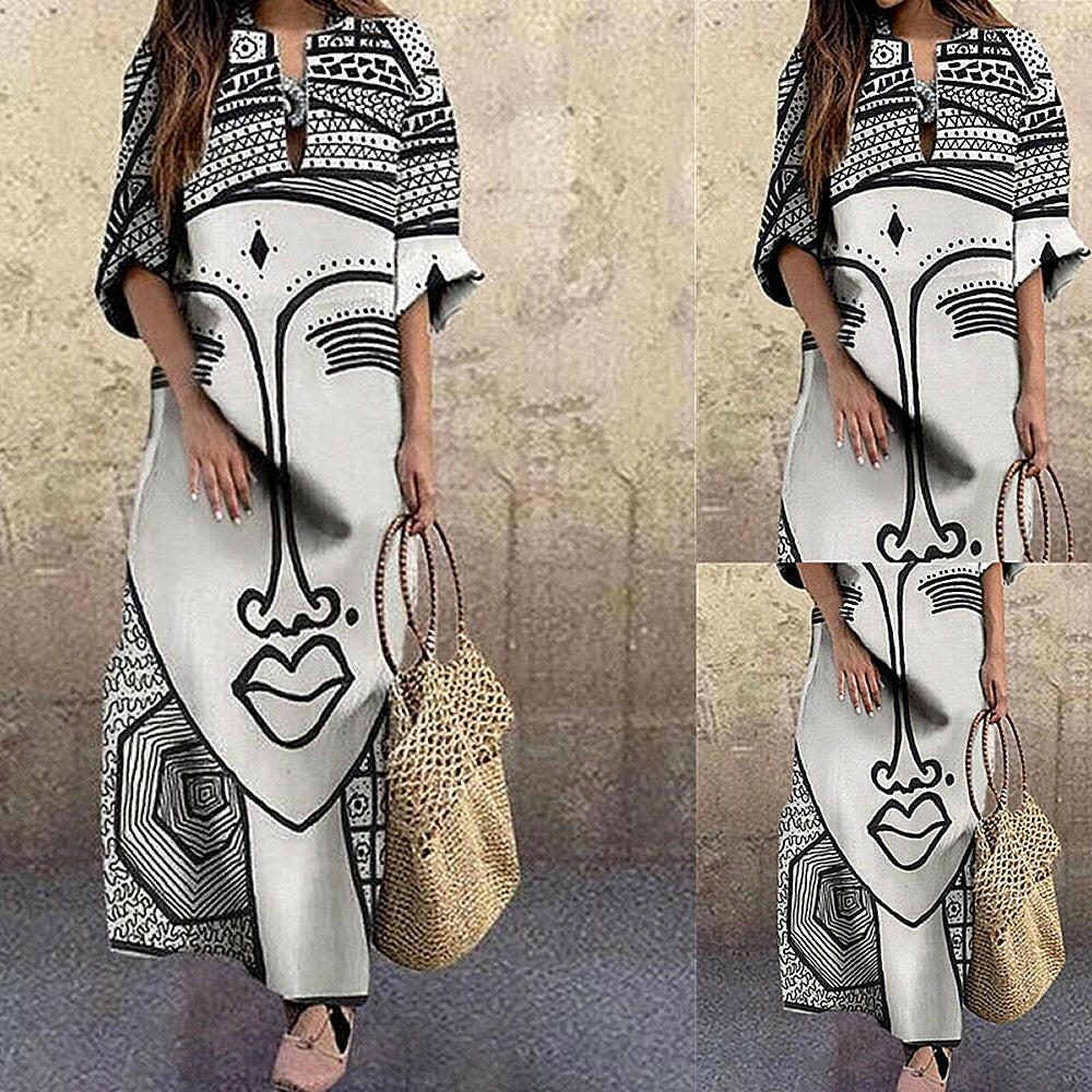 Vintage Portrait Print Dress Abstract Face High Waist Women Dresses.