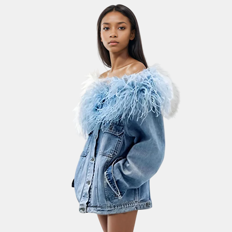 Women's Feather Patchwork Slash Neck Denim Coat – Spring Loose Jacket.