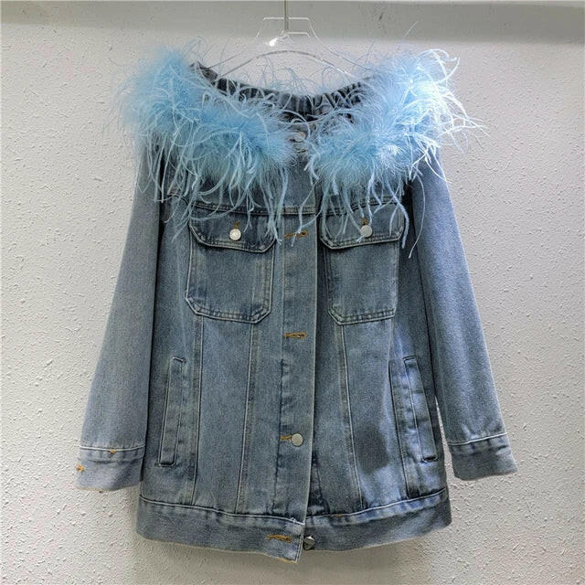 Women's Feather Patchwork Slash Neck Denim Coat – Spring Loose Jacket.