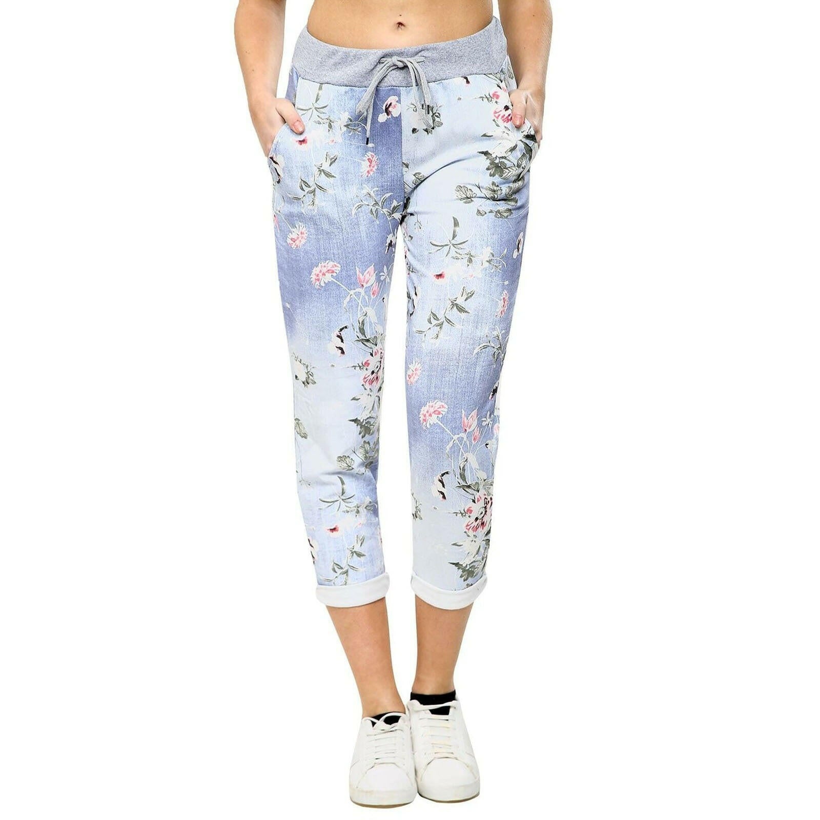 Fashion Printed Denim Elastic Waist Straight Casual Pants for Women.