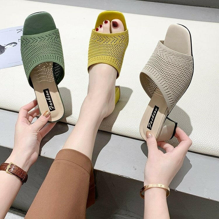 Mid Heel Sandals and Slippers for Women's Summer New Korean Edition Flying Weave Outerwear Fashion Women's Sandals and Slippers.