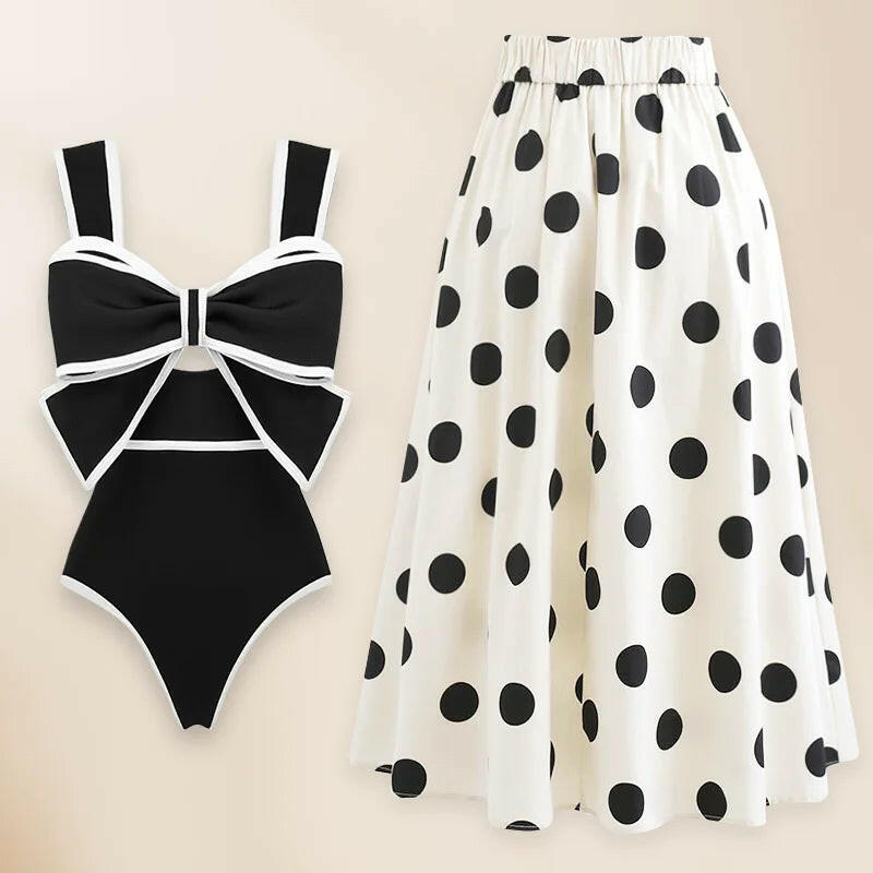 Vintage Swimsuit and Skirt 3D Bow-tie One Piece  Swimwear Women Bikini set  Bathing Suit Two-pieces beach dress Monokini.