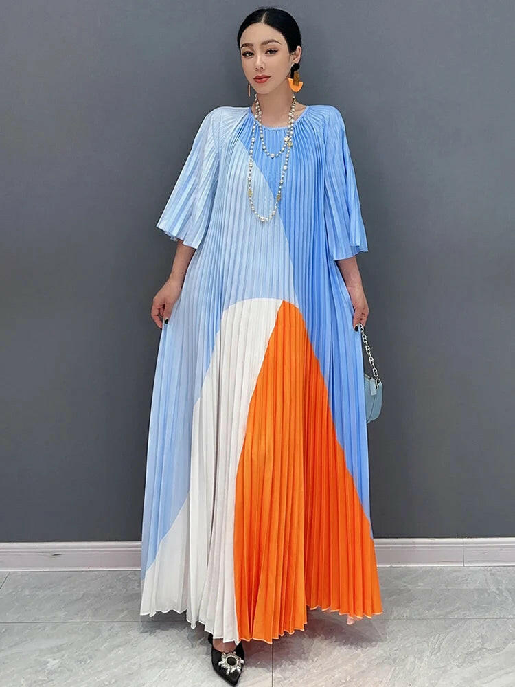 Summer New Hundred Pleated Printed Long Dress With O-Neck Half Sleeves Elegant Ladies Flare Women Dresses.