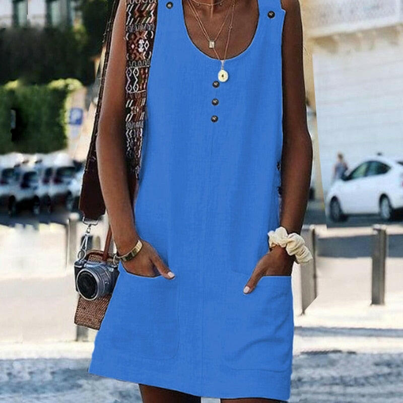 O-neck Button Mini Dresses Summer Solid sleeveless Pockets Dress Casual Beach A-line Dress.