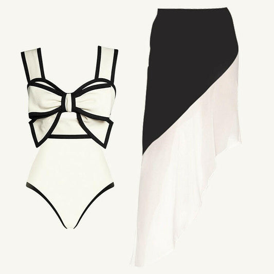 Vintage Swimsuit and Skirt 3D Bow-tie One Piece  Swimwear Women Bikini set  Bathing Suit Two-pieces beach dress Monokini.