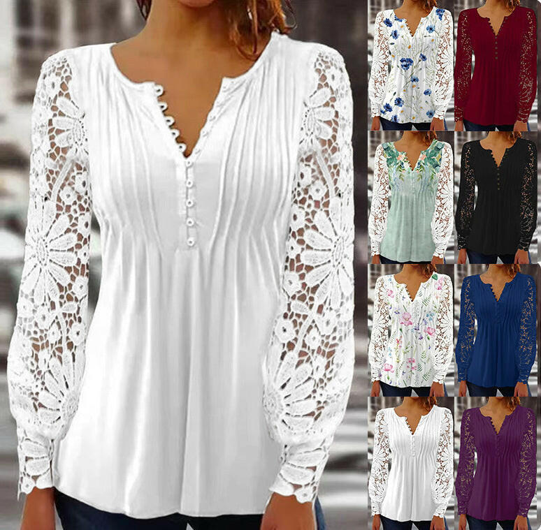 Fashionable new women's lace lace sleeves with pleats solid color button down t-shirt base shirt.