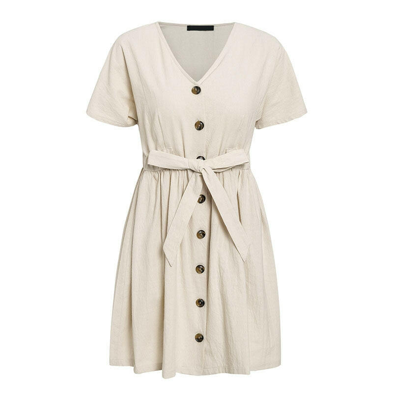 Vintage Button Women Dress Shirt V Neck Short Sleeve Cotton Linen Short Summer Dresses.