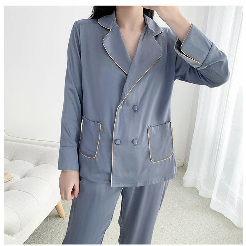 2 Pieces Faux Silk Satin Pajamas Set Autumn Women Sleepwear.