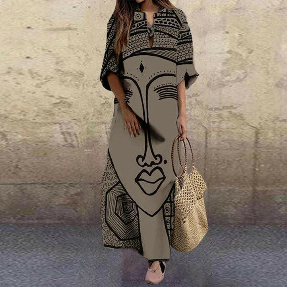 Vintage Portrait Print Dress Abstract Face High Waist Women Dresses.