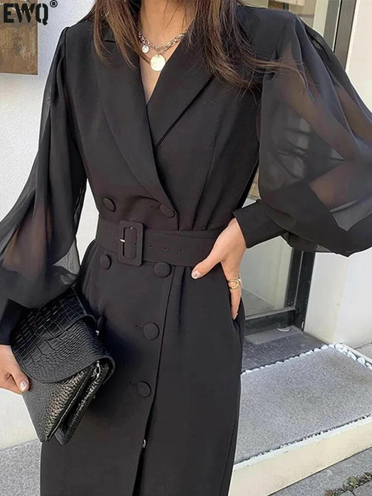 Korean chic Double Breasted Lantern Sleeve Belt Blazer Dress Fashion Elegant Waist Dresses Women Spring Summer.