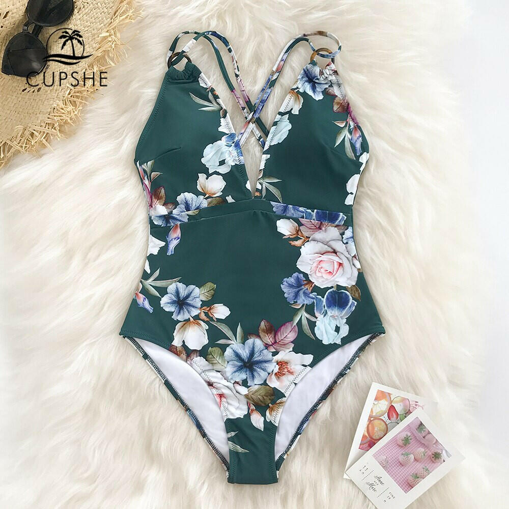 CUPSHE Blue Floral Strappy One-Piece Swimsuit Women Sexy Crisscross Monokini Swimwear Girl Beach Bathing Suits.