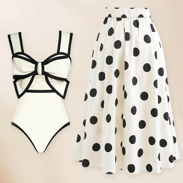 Vintage Swimsuit and Skirt 3D Bow-tie One Piece  Swimwear Women Bikini set  Bathing Suit Two-pieces beach dress Monokini.