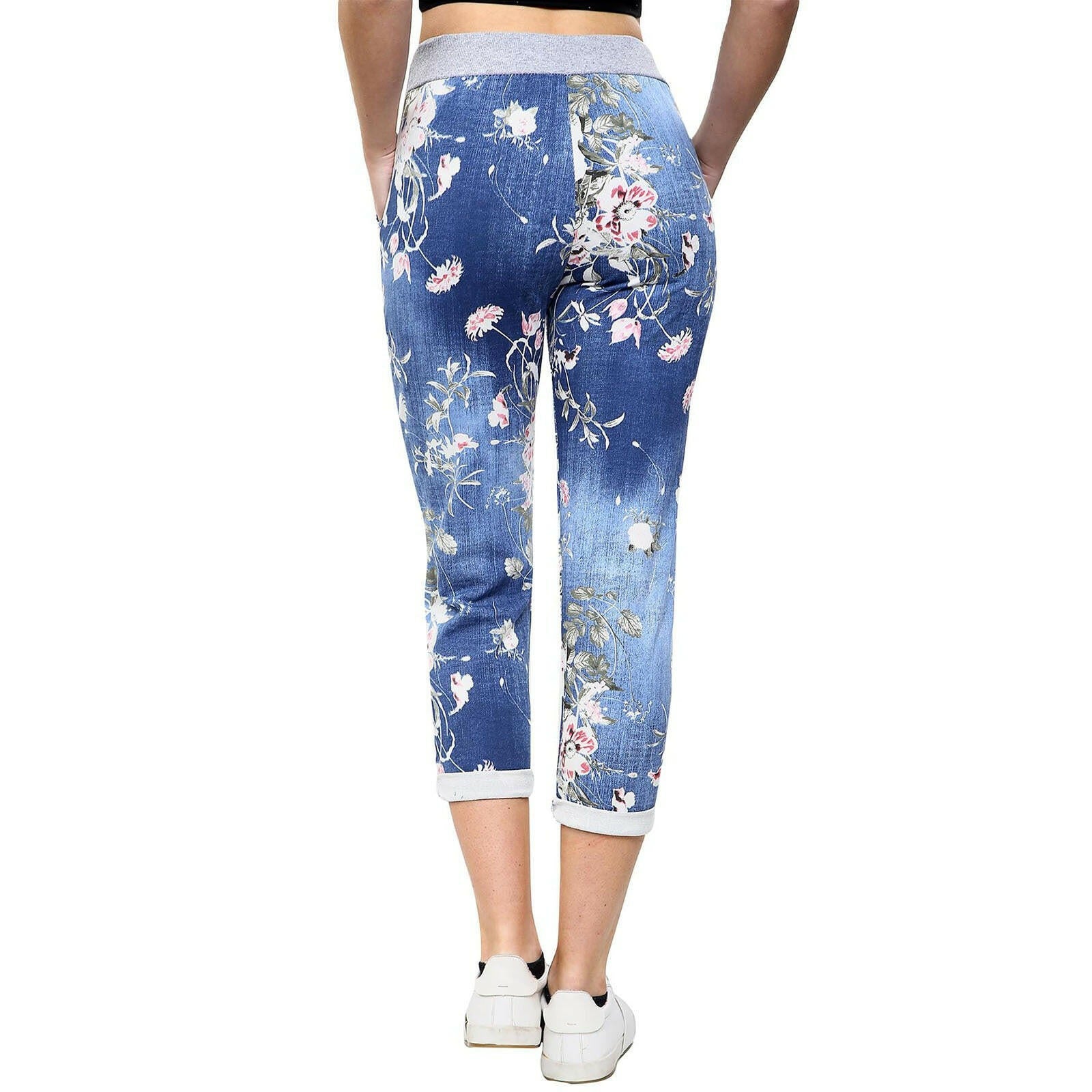 Fashion Printed Denim Elastic Waist Straight Casual Pants for Women.