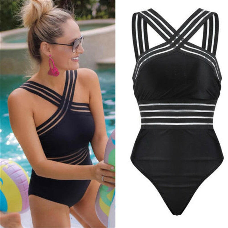 Sexy One-Piece Swimsuit - Women High Neck Bandage Cross Back Monokini.