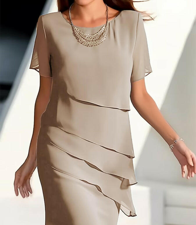 Women's Solid Color Short-Sleeved Sparkling Ruffle Edge Round Neck Casual Dress.