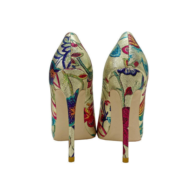 Gold Embroidered Graffiti High Heel Shoes.