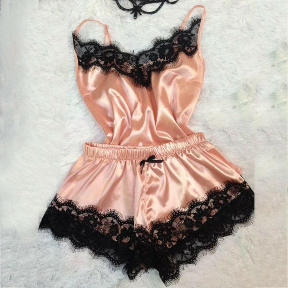 Women's Sexy Satin Pajama Set with Lace Trim.