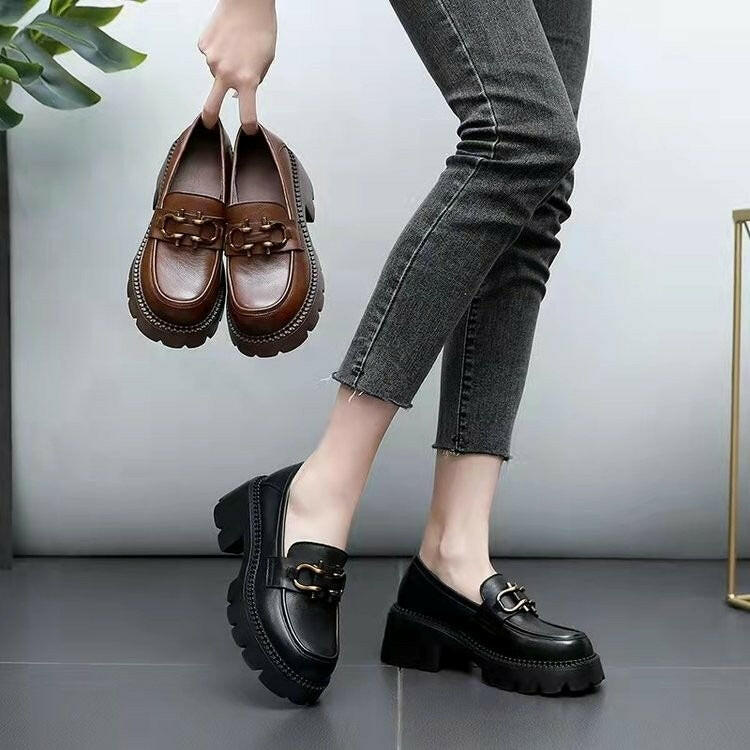 Women’s Platform Chunky Heel Slip-On Shoes – Stylish Metal Buckle Casual Loafers.